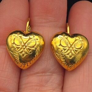 Vintage Carolee Earrings Puffy Heart Leverback Drop Gold Tone L'Amour 1980s